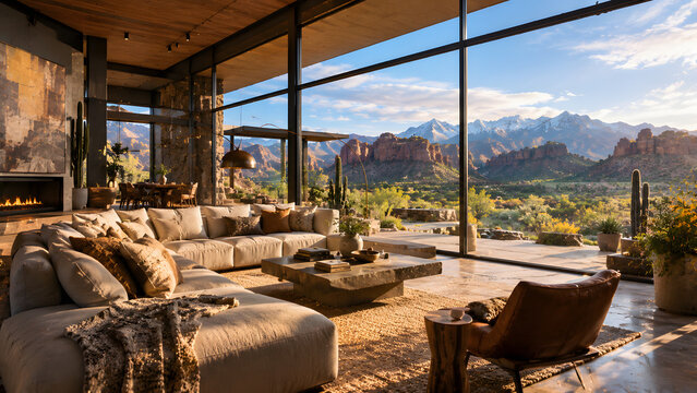Modern Desert Luxury Living Room Interior with Rocky Mountain Views in Spring, Contemporary Desert Home Architecture, Panoramic Windows, Natural Stone Textures, Elegant Furniture and Scenic Landscape