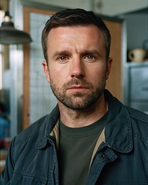 Intense direct gaze of focused specialist in muted utility jacket, bathed in natural soft key light. High-end editorial mood, micro-topography of skin, fine beard stubble and deep quiet confidence.