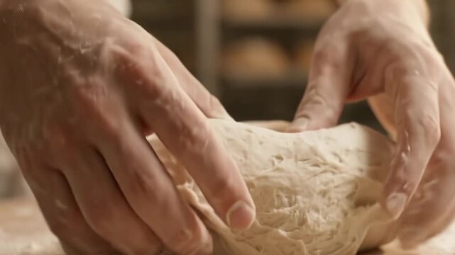 Baker Hands Kneading Fresh Sourdough Bread Dough on Wooden Floured Table Close Up