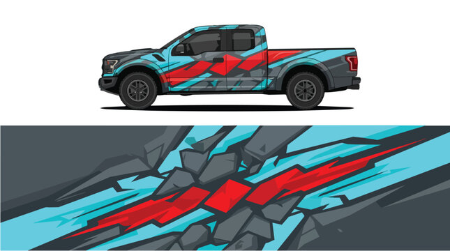 Car Wrap Design with Camouflage Decal in Blue Red and Gray