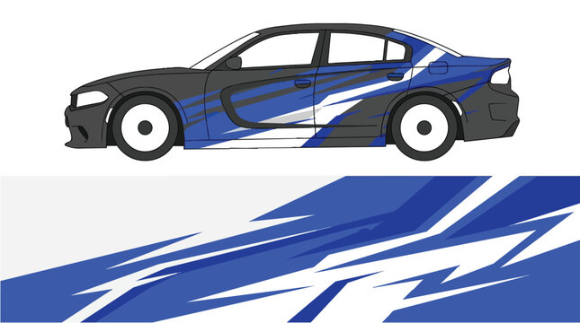 Car Wrap Design with Dynamic Blue and Black Racing Livery