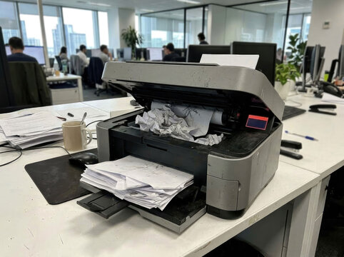 Broken office printer jammed with crumpled paper and overflowing documents on a desk in a busy workplace, idea of technical failure, printing problems, and office inefficiency