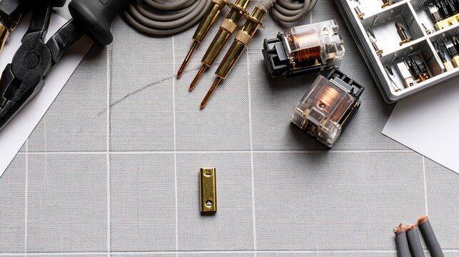 High angle view of precision gold multimeter probes and micro relays on grid mat, soft specular reflections, textured cables, carbon pliers and quiet luxury micro-engineering calibration setup.