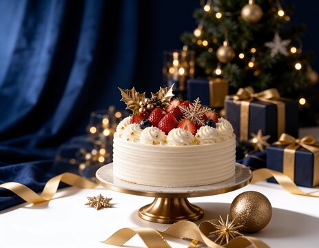 紺色の布とギフトと金色の台座に載ったいちごのケーキ