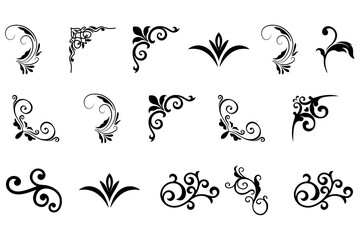 Set of black vintage floral corners and curly flourish ornaments vector silhouette symbols for design © My Mart