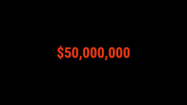 Money Dollar Counter Animation 0 to 100,000,000 USD On A Transparent Background, Increase Counting Numbers With Dollar Sign And Decimal 0 To 100M Amount Investment Or Figures Concepts, 4k Animation.