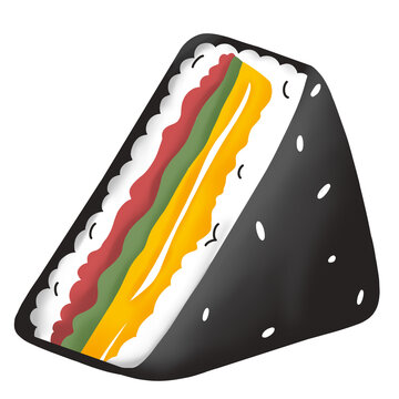 Open Korean samgak gimbap triangular rice ball showing tasty filling vector illustration isolated on transparent background.