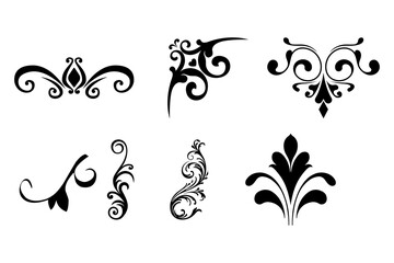 Set of black vintage floral corners and curly flourish ornaments vector silhouette symbols for design © My Mart