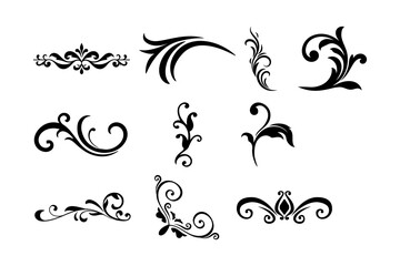 Set of black vintage floral corners and curly flourish ornaments vector silhouette symbols for design © My Mart
