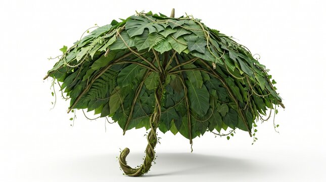 Creative leaf umbrella made from large green leaves with natural vines for eco-friendly outdoor decor