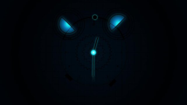 Glowing neon blue futuristic digital alarm clock ticking animation on a dark background