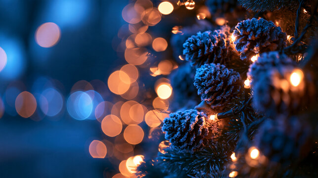 Christmas Tree Decorated with Pine Cones and Glowing Bokeh Lights