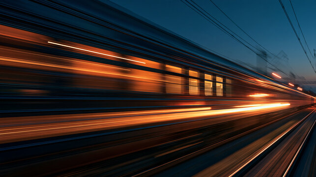 High Speed Train in Motion on Tracks at Dusk