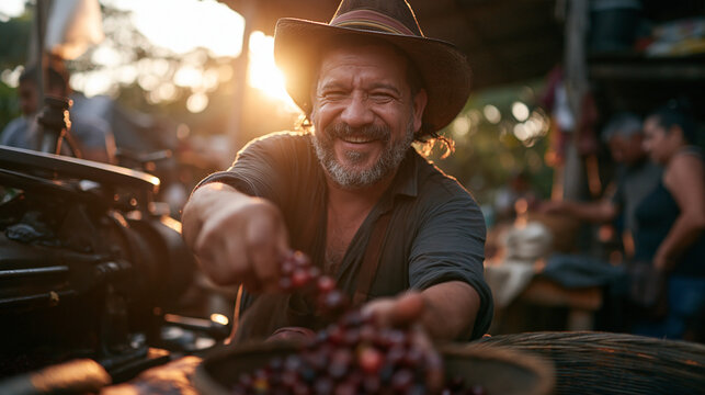 Smiling Coffee Farmer Holding Harvested Ripe Coffee Beans
