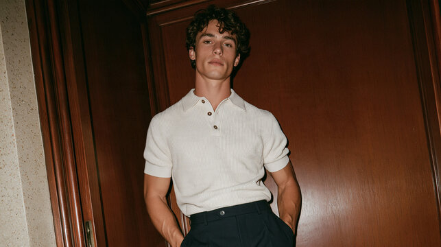 Handsome Young Man in Knitted Polo Shirt Posing Confidently