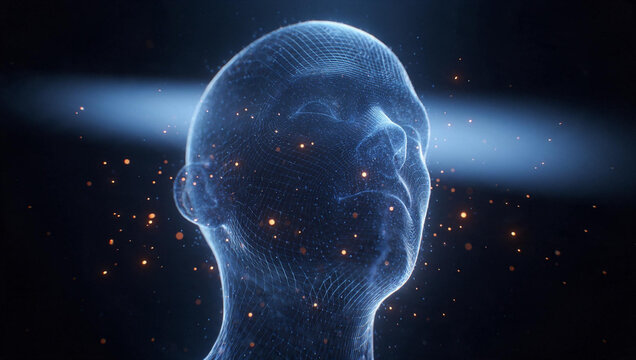 Artificial Intelligence Digital Human Head with Glowing Network Particles