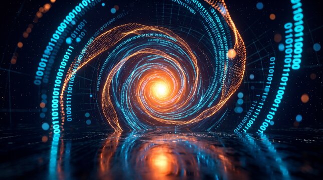 Digital Binary Code Vortex in Futuristic Cyberspace Tunnel