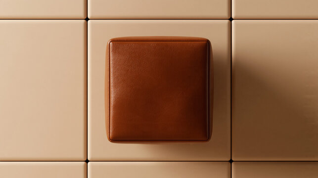 Brown Leather Cube Ottoman on Beige Tile Floor