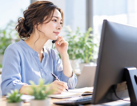 パソコンを見ながらヘッドセットで話す青い服の女性の横構図