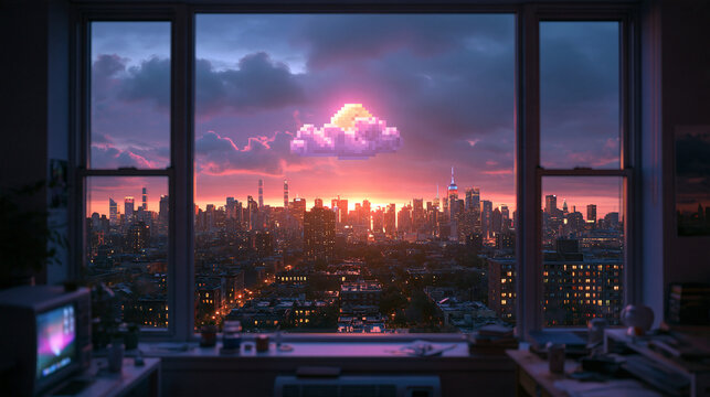 City Skyline at Sunset with Glowing Pixel Art Cloud