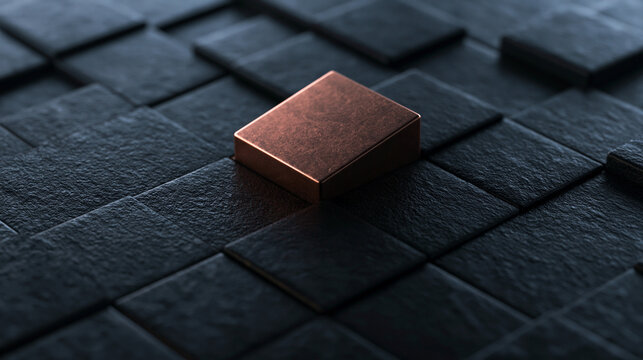 Copper Cube Standing Out Among Black Textured Tiles