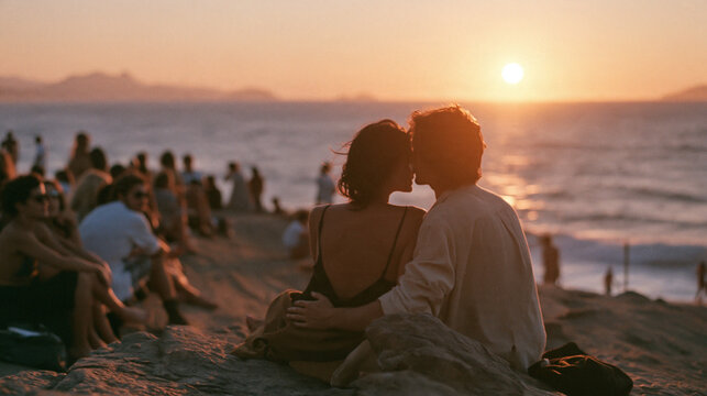 Romantic Couple Sitting on Beach Rocks at Sunset