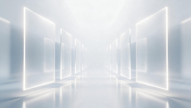 Futuristic White Corridor with Glowing Glass Panels Background
