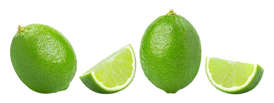 Fresh juicy lime fruits and slices isolated. Whole green lime fruti and cut in slice of lime isolate. Not AI.