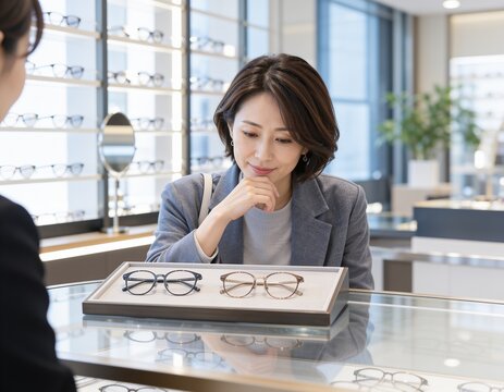 店員に相談しながら眼鏡フレームを検討するジャケットの女性