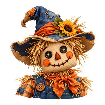 Rustic Autumn Halloween Character in a Patched Blue Hat with Sunflower and Orange Harvest Scarf Isolated on Transparent Background