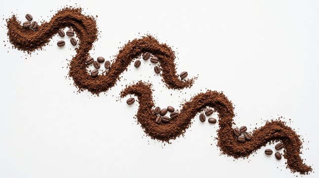 Coffee beans and ground coffee form wavy lines on a white background