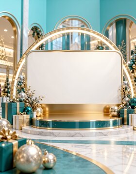ターコイズと金色のアーチと白い空白パネルと台座の縦構図