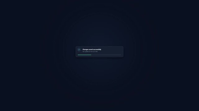 A premium minimal UI animation of a floating toast notification card with success icon, message, and smooth countdown progress timer.