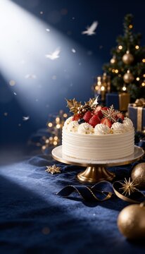 光の差す紺色背景といちごのケーキの縦構図