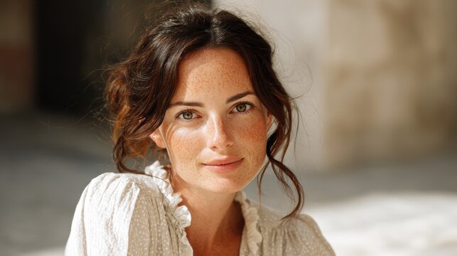 Young woman with natural freckles and wavy brown hair smiling gently in soft sunlight. Young woman with warm smile face full of natural freckles is bathed in soft, dappled sunlight her wavy brown hair