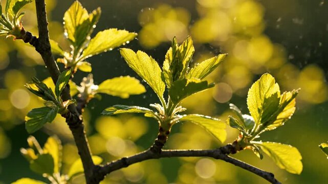 Sunlit branch of a tree with fresh green leaves shimmering with water droplets and a bee flying