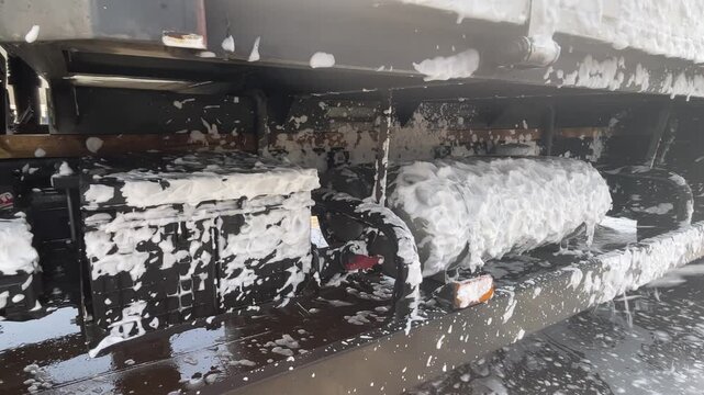 Foam coats the tank and lower frame of a cargo truck, with soap gathering on mounting straps and the protection rail beneath the sideboard, highlighting exterior cleaning at a wash facility.