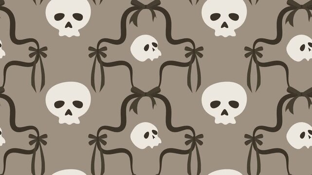 Seamless animated gothic pattern of white skulls and dark ribbons scrolling diagonally on a gray background. Ideal for seasonal Halloween backgrounds and dark academia invitations.