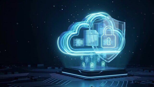 Glowing Cloud Security Shield with Padlock on Circuit Board