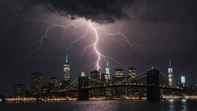 Thunderhead and Lightning Over City. Lightning storm in purple light. Night cityscape with strong lightning, majestic view on coastal town in dark stormy night, dramatic sky scape with bright zipper