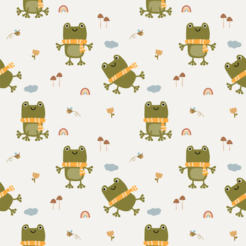 Frog hand drawn cartoon so cute. On mushrooms rainbow flower cloud insect background. Pattern seamless vector illustration. 