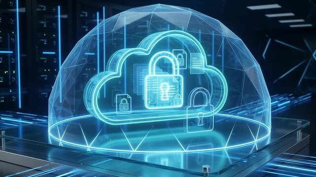 Secure Cloud Data with Glowing Padlock Protected in Glass Dome