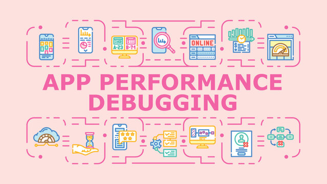 App performance debugging banner infographic. Benchmark tracing, logging response, caching threading icon vector illustration