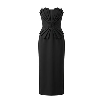 Black strapless pleated midi dress for elegant evening wear