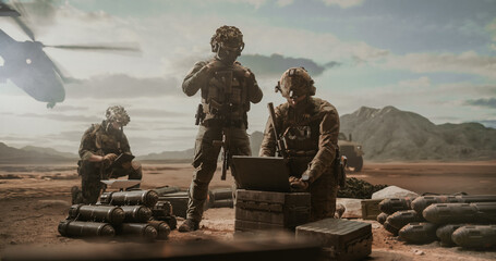 Armed Infantry Unit Inventories Mortar Shells and Ordnance Crates at a Dusty Forward Ammunition...
