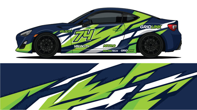 Car Wrap Design with Racing Livery in Green Blue and White
