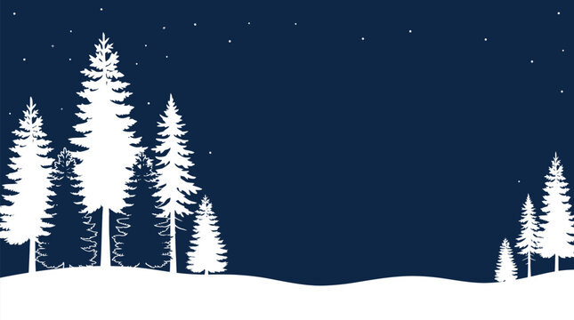 Charming winter holiday vector background featuring white silhouette pine trees on a snowy landscape under a dark blue starry night sky
