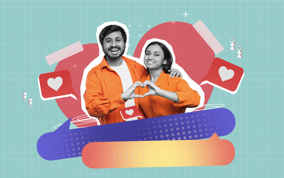 Happy Young Couple, Smiling And Making Heart Gesture With Hands, Standing Together In A Bright And Colorful Background. Joyful Moment Captured In Relationship Concept.