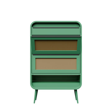 3D illustration of a modern green dresser with two drawers and an open shelf.
