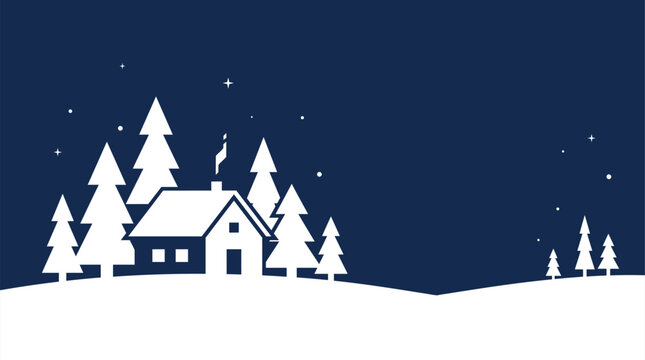 Charming Christmas background vector featuring a white silhouette snowy winter landscape with a cozy house pine trees and twinkling stars against a dark blue textured night sky